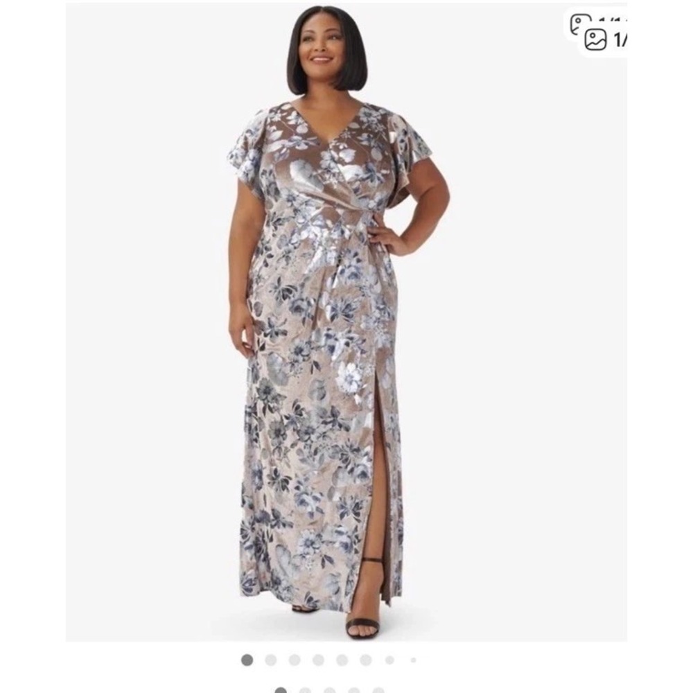 NEW Adriana Papell metallic Velvet Maxi evening Gown TAUPE Blue Floral 4 formal